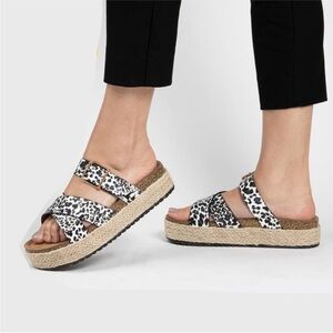Leopard strappy cork espadrille sandals slip on animal print black white brown